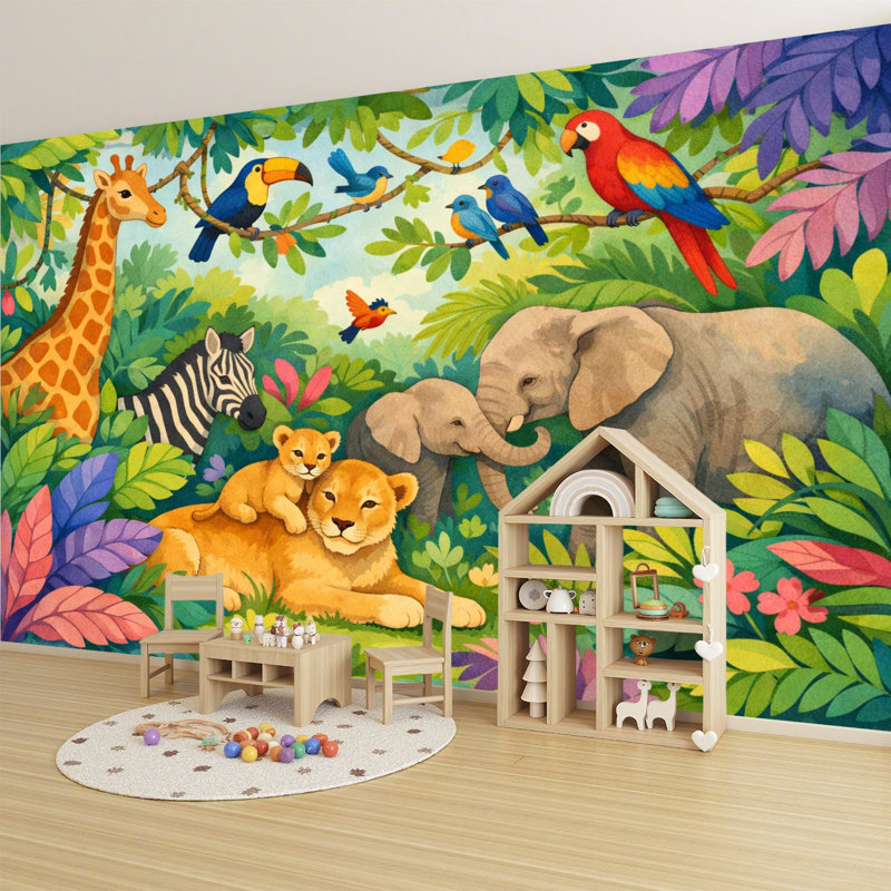 Papier peint auto-adhésif Jungle Giraffe Elephant Zebra Lion Cubs Tropical Leaves, L 144 po x l 100 po