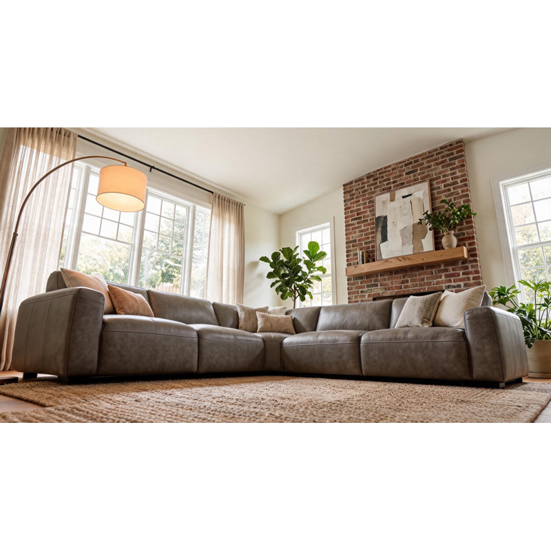 Fernagh Top Grain Leather Corner Sectional Gray, Gray Genuine Leather