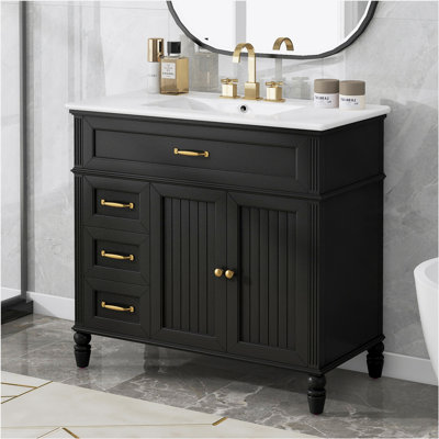 Meuble-lavabo 36 po avec lavabo, armoire de salle de bain noire avec tiroirs, cadre solide et panneau de fibres à densité moyenne, un paquet