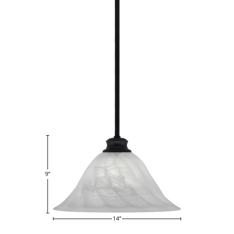 Luminaire suspendu suspendu avec tige en verre blanc albâtre de 20 po, Noir mat, H 9 po x l 14 po