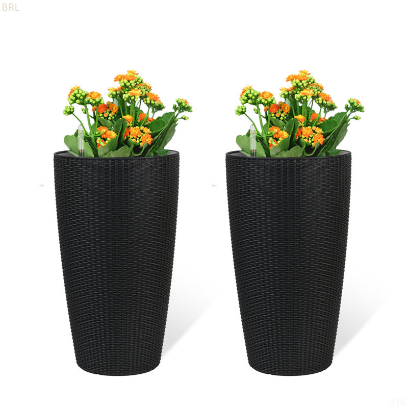 Set Of 2 Faux Rattan Tall Planters Outdoor Indoor Large Planters With Water Level Monitor Inner Bucket, Automatic Watering, Flower Plant Pots For Garden, Patio, Porch, Backyard
