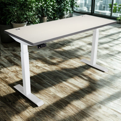 Skyscraper Electric Height Adjustable Standing Desk, Dual Motor and Digital Control with Memory, 60x24, Grey Strand Top with White Frame