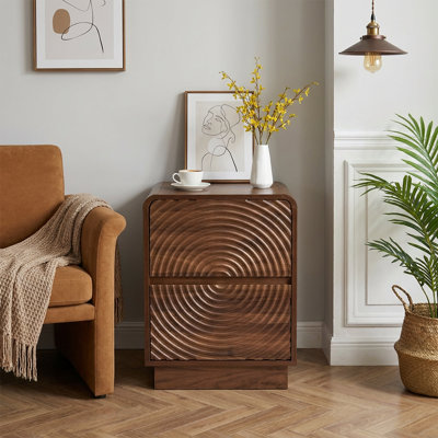 Table de chevet en bois de style Mid-Century de 17,72 po avec façade sculptée et 2 tiroirs, table de bout de style campagne pour chambre à coucher, salon et bureau