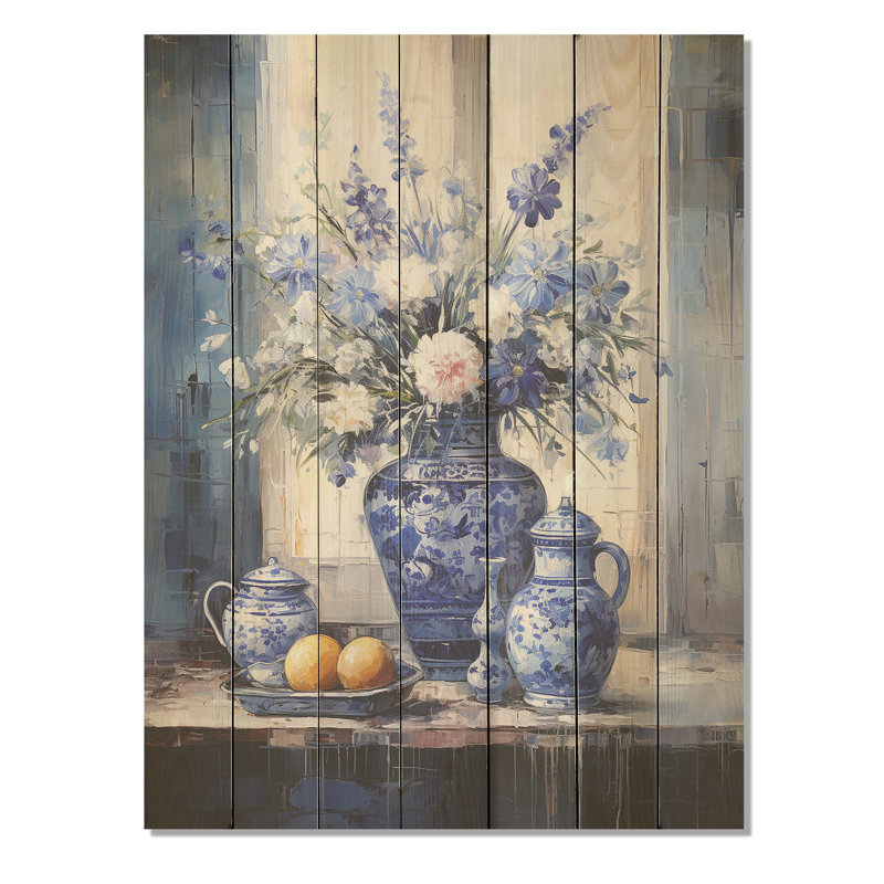 Poterie bohème bleue et blanche IV - poterie bohème sur bois, H 20 po x l 10 po