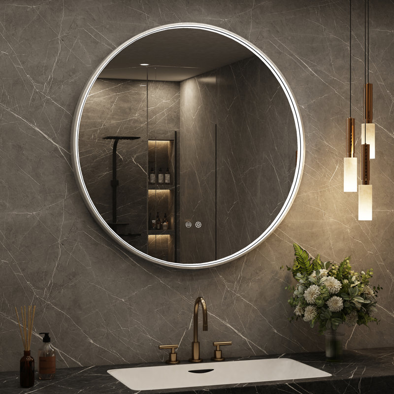 Miroir de salle de bain rond 24 po / 30 po, miroir de meuble-lavabo à cadre doré / noir / gris, miroir circulaire mural lumineux, anti-buée, à intensité variable, 3 couleurs à éclairage frontal (horizontal / vertical)