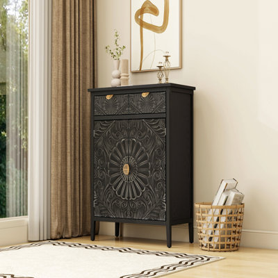 Hand-Carved Accent Cabinet, Black Wooden Storage Cabinet with Drawer & Doors, Floral Embossed Sideboard with Gold Handles for Entryway, Living Room