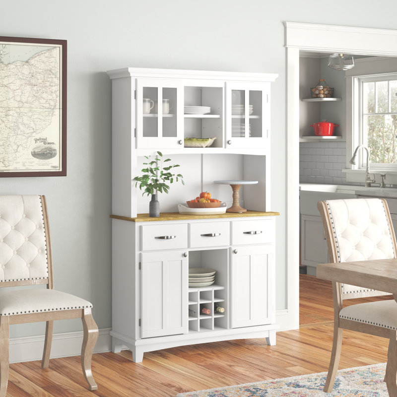 Sideboard with Bar Hutch, Natural Wood, Off-White