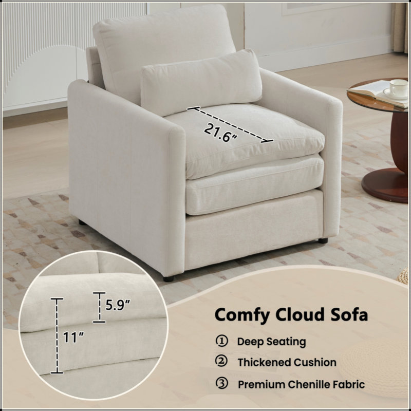 Fauteuil rembourré 31,9 "surdimensionné et confortable, Beige