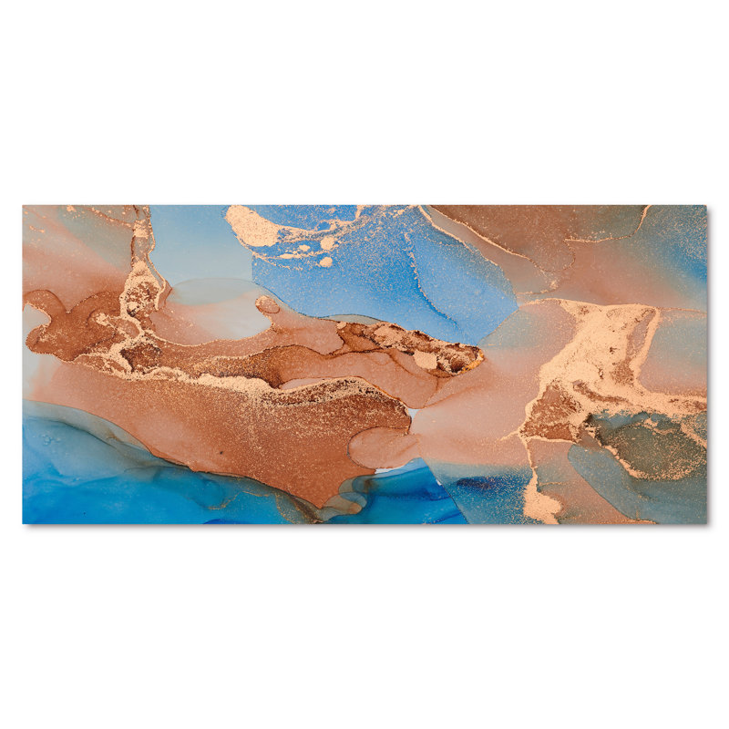 «Blue and Brown Luxury Abstract Fluid», peinture sur toile, Toile tendue, H 28 po x l 60 po