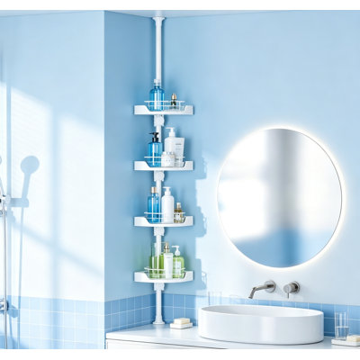 4-Tier 360° Rotating Shower Caddy Tension Pole, 35-128 Inch Adjustable Rustproof Corner Rack for Bathroom & Bathtub