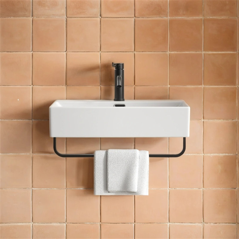【Petit lavabo vasque mural blanc With - avec porte-serviettes et trou de robinet pour salle de bain compacte (céramique, conception peu encombrante)