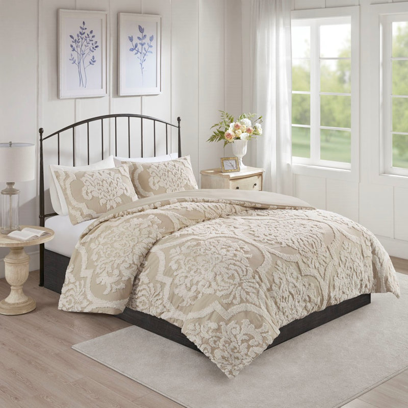 Ensemble de housse de couette damassé en coton touffeté 3 pièces Viola, literie beige multicolore pour très grand / très grand californien, certifié Oeko-Tex