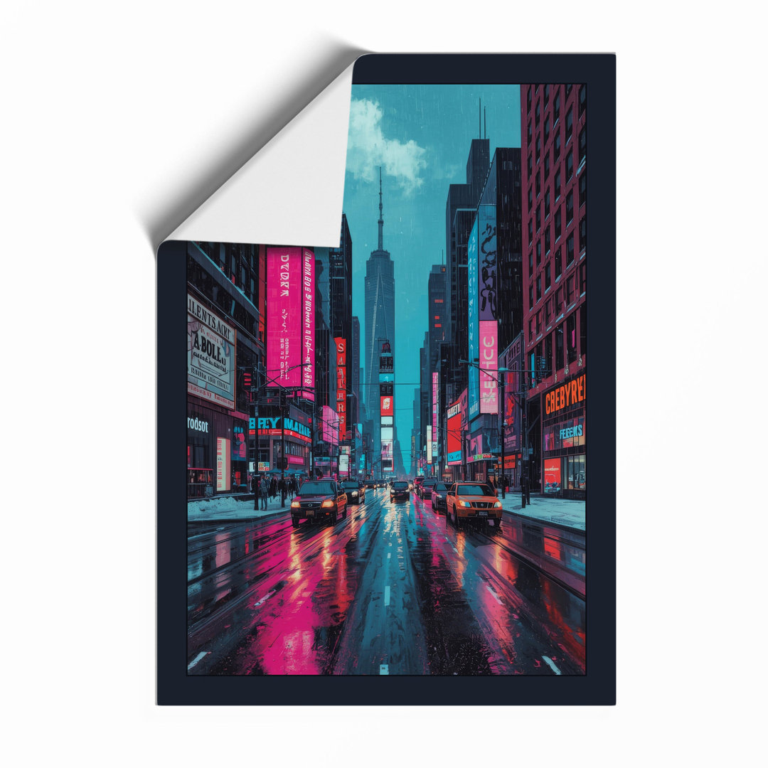 Neon City Rain Modern - Framed Print