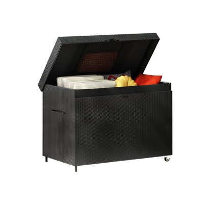 230-Gallon Wicker Deck Box with Wheels, Outdoor Storage Bin for Patio Furniture, Cushions, Tools