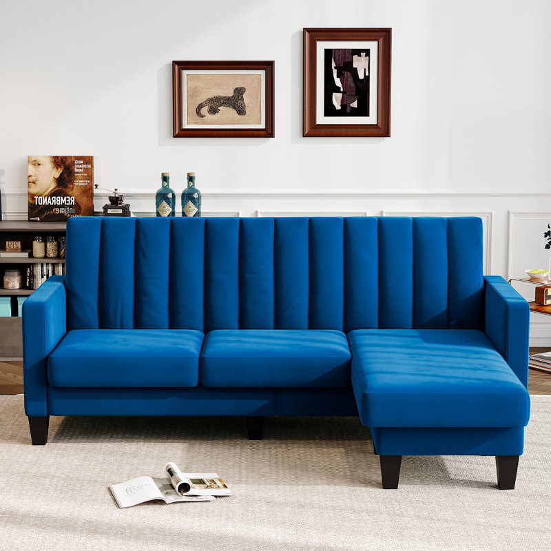 Modern Velvet 3 Seater Sofa with Convertible Ottoman, Blue Velvet