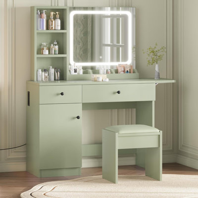 Ensemble de coiffeuse avec miroir et lumières, ensemble de coiffeuse avec tiroir, prise de courant, chaise et 3 tablettes, vert