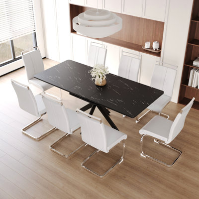 Extendable Dining Table For 6 - 8, Tabletop, Black Metal Legs, 8 Cushioned Chairs, Taste Person Configuration, 62.4" Table, , Comfortable Chic