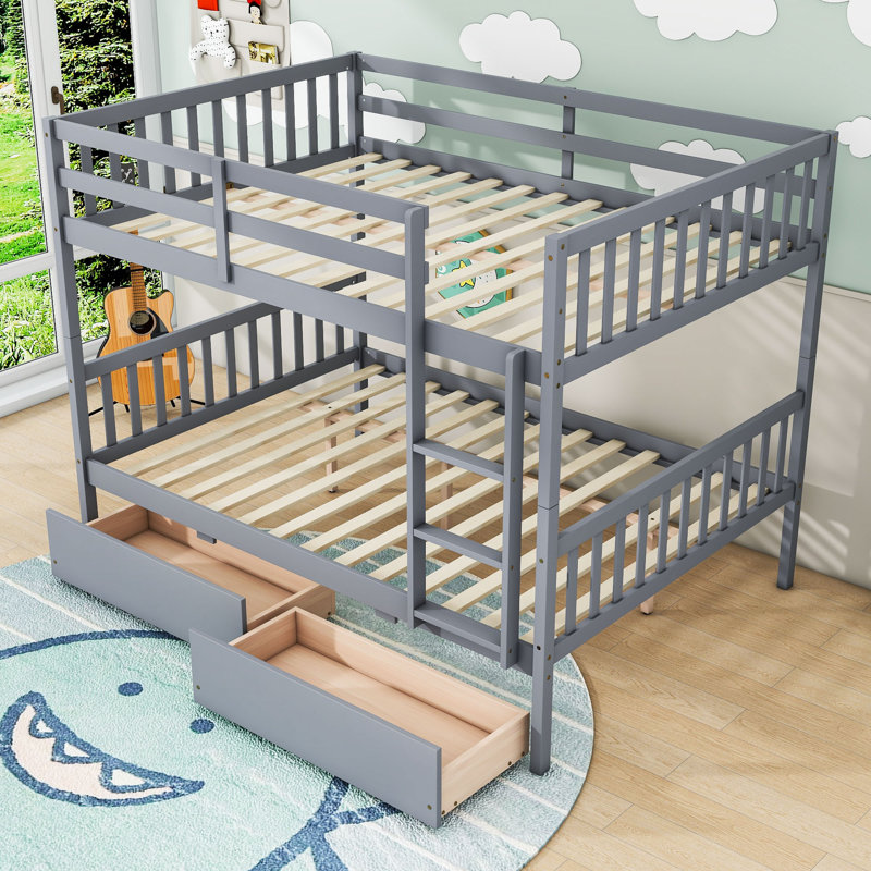 Lit superposé convertible en bois avec tiroirs de rangement et barrières de sécurité, Lit superposé double sur double, Gris