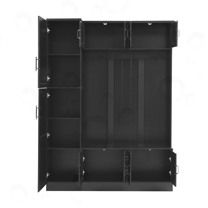 Hall Tree with 6 Cabinets, 4 Coat Hooks and Adjustable Shelf, Black