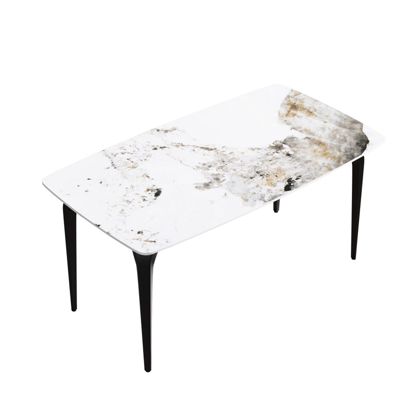 Table de salle à manger 63 "blanc antique - dessus en pierre frittée à chaud, pieds en métal stables, pour 6 pièces, blanc, 6 pieds, noir