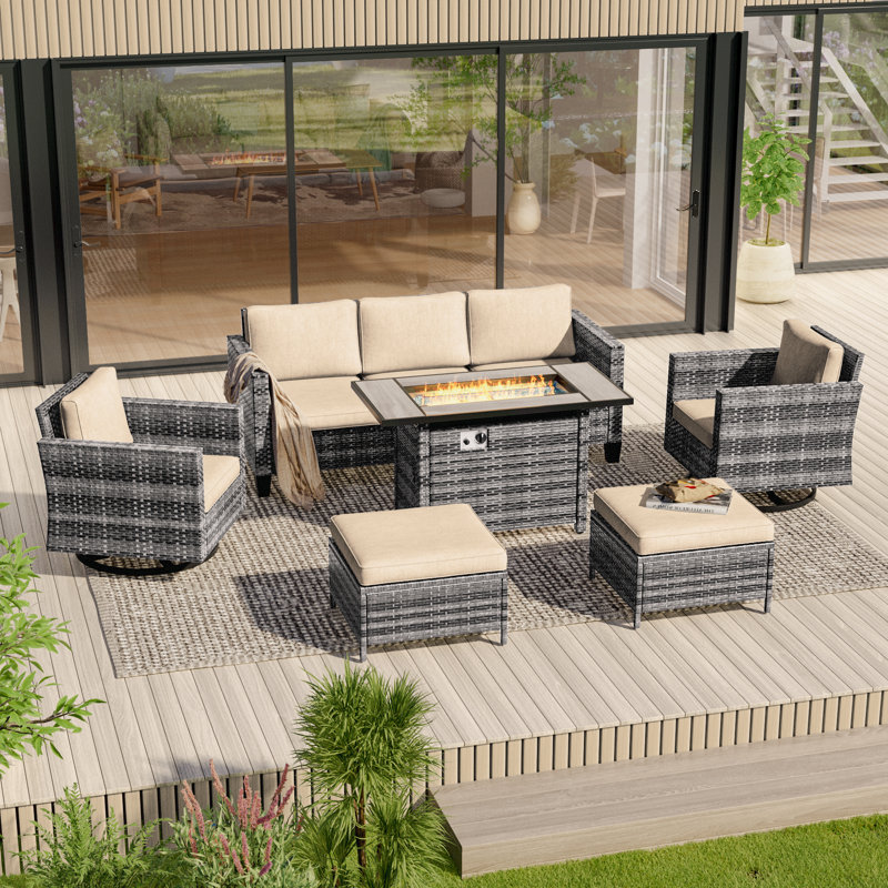 6 Piece Patio Sofa with Rectangle Fire Pit Table and Ottomans, Gray, Beige