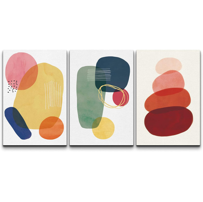 Abstract Vibrant Color Blocks - Geometric Circle Boho Colorful Picture 3 Piece Canvas Print Wall Art, 36" H x 72" W x 1.5" D