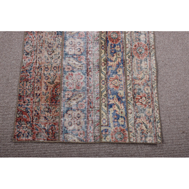 Handwoven Vintage Turkish Oushak Rug: Blue Wool Runner with Patchwork Design for Kitchen