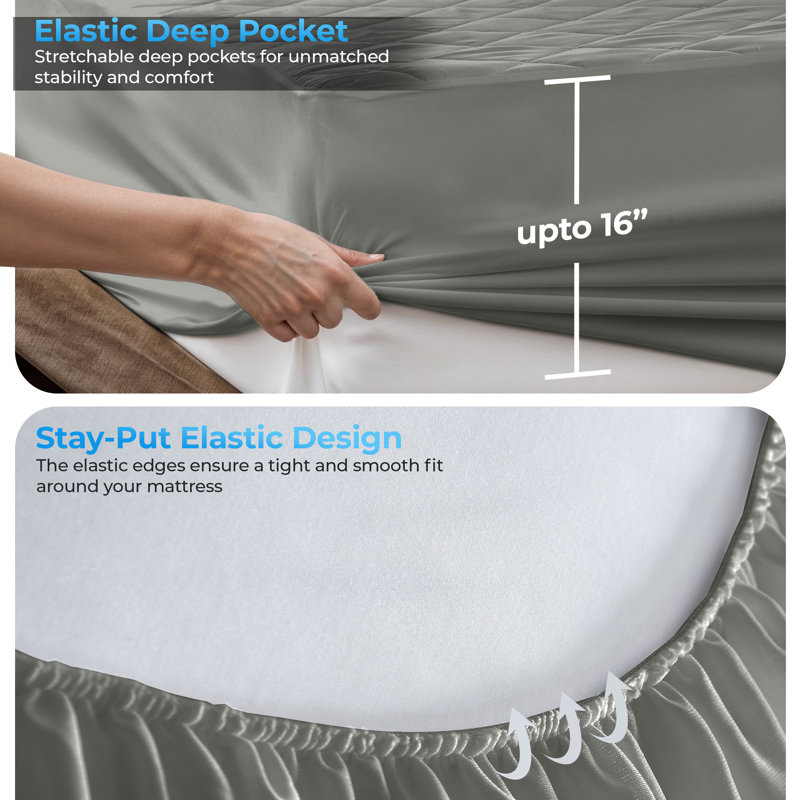 Protège-matelas matelassé et imperméable en polyester matelassé jusqu'à 16 pouces de profondeur, Gris, Simple TG