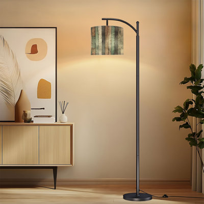 Arc Floor Lamp with Adjustable Lampshade Wooden Plank Wall Muted Tones Green Brown Gray Standing Lamp 3 Color Temperatures Dimmable Tall Pole Lamp with Foot Switch for Bedroom