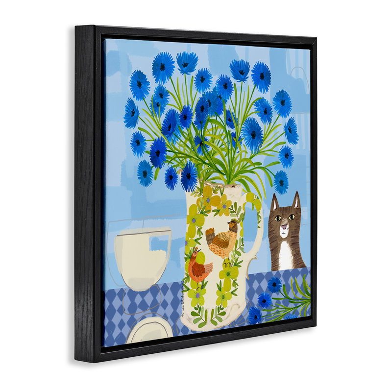 Cadre flottant Whimsical Jug of Cornflowers, design par Kay Widdowson, H 18 po x l 18 po, Cadre flottant noir de jais