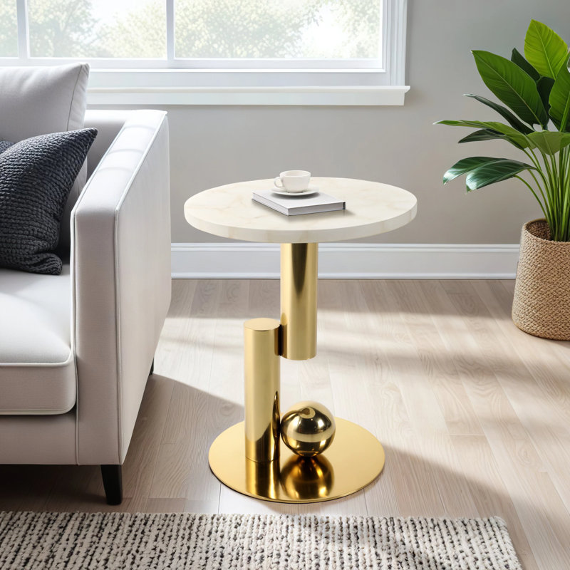 Modern Quartz Top End Table with Gold Base – Elegant Small Side Table for Living Room, Bedroom, Office, or Accent Space – 18” Round Contemporary End Table for Home Decor