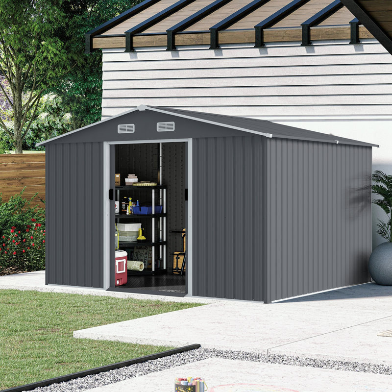 Outdoor Metal Storage Shed with Sliding Doors and Air Vent, 76.7" H x 118.1" W x 95.6" D