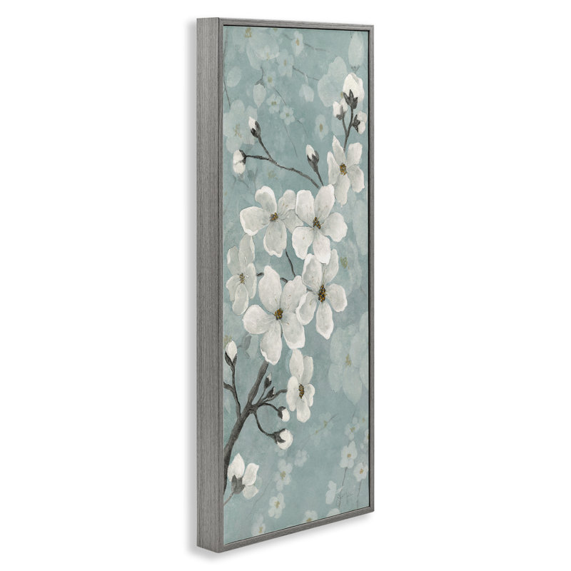 Fleurs de cerisier sur giclée encadrée verte, design par Janet Tava, H 30 po x l 13 po, Estampe numérique Farmhouse