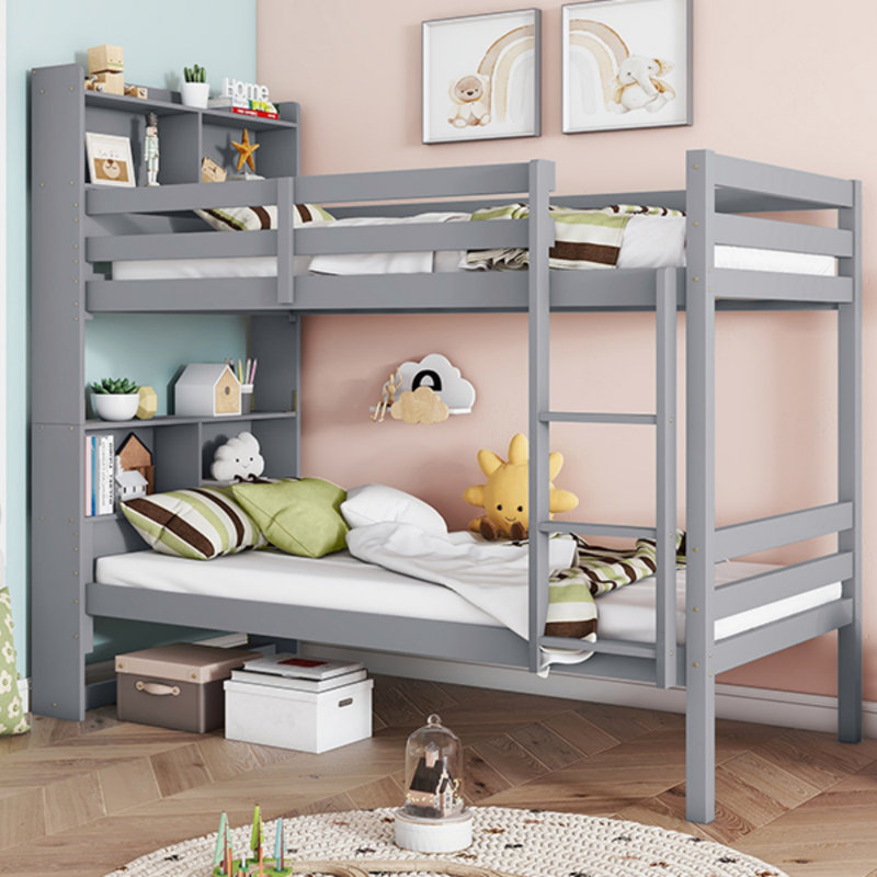 Lit superposé simple au-dessus de simple avec tablettes, conception convertible, barrières de sécurité et échelle, idéal pour les petits espaces et les maisons modernes, gris