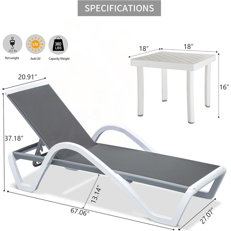 Méridiennes de patio réglables en aluminium avec accoudoirs pour l'extérieur