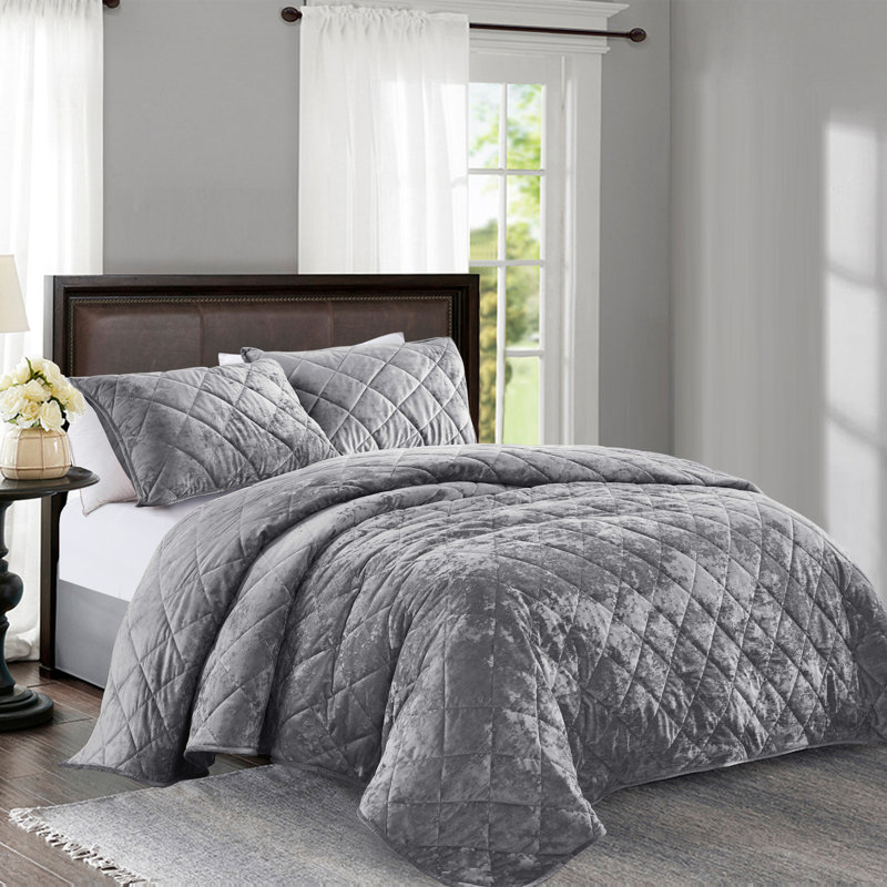Wonderful Velvet & Flannel Quilt Set, Diamond Quilting Lightweight Comforter with Pillow Shams, Holiday Gift, Brown