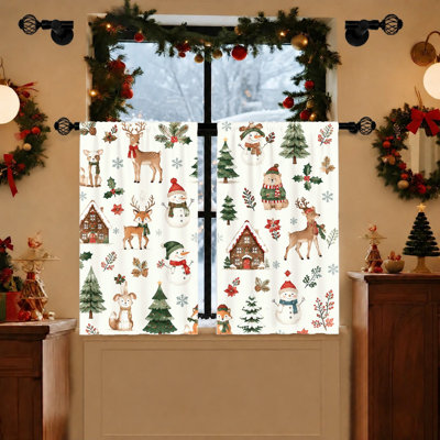 2Pcs Festive Christmas Holiday Curtains, Cute Snowman Reindeer Bear Gingerbread House Pattern, Light Filtering Fabric for Living Room Bedroom Balcony Kitchen Home Decoration