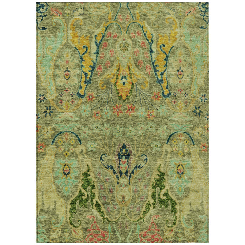 Machine Washable Indoor/Outdoor Xhevrie Green Rug, Rectangle 9' x 12'