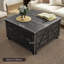Table basse de style campagnard, table basse carrée avec rangement pour le salon, table centrale avec plateau relevable articulé et espace caché, brun vieilli