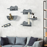 Pawhut Cat Wall Shelves, 4 Pcs Cat Wall Furniture Cat Climbing Shelf With Cat Hammock, 3 Steps, Perches, Scratching Post, For Sleeping, Playing, Grey
