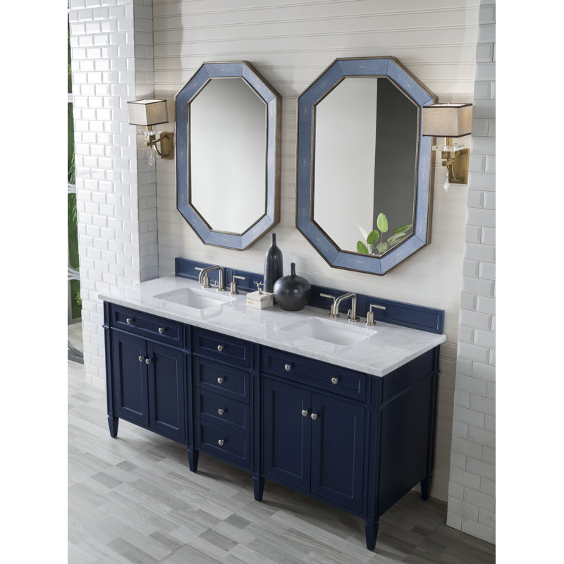 Meuble-lavabo double l 72 po Dussault, Bleu victoire, Blanc de Carrare, 8 po
