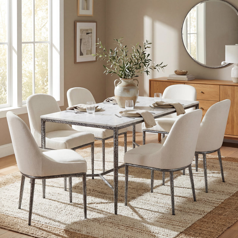 Fernand 7-Piece Dining Set With Marble-Look Table & Upholstered Hammered Iron Chairs, Forged Pewter, Beige/Forged Pewter