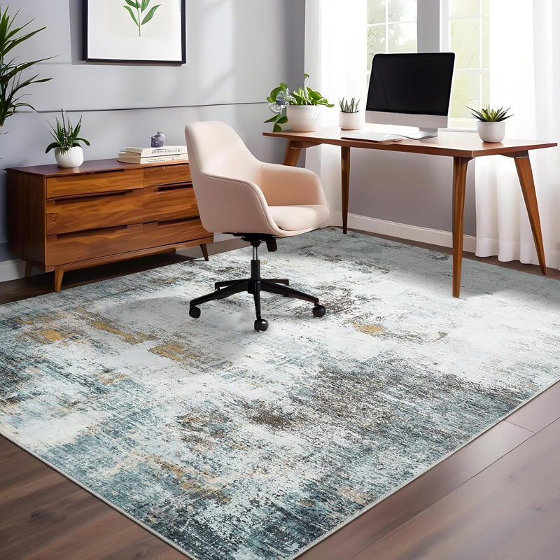 Washable Rug Modern Abstract Non-Slip Stain-Resistant Indoor Carpet Hallway Low Pile Bedroom Laundry Entrance Blue
