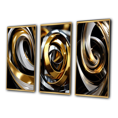 Liquid Gold Black And White Swirling Dimension I - Abstract Spirals Art Set Of 3 Pieces