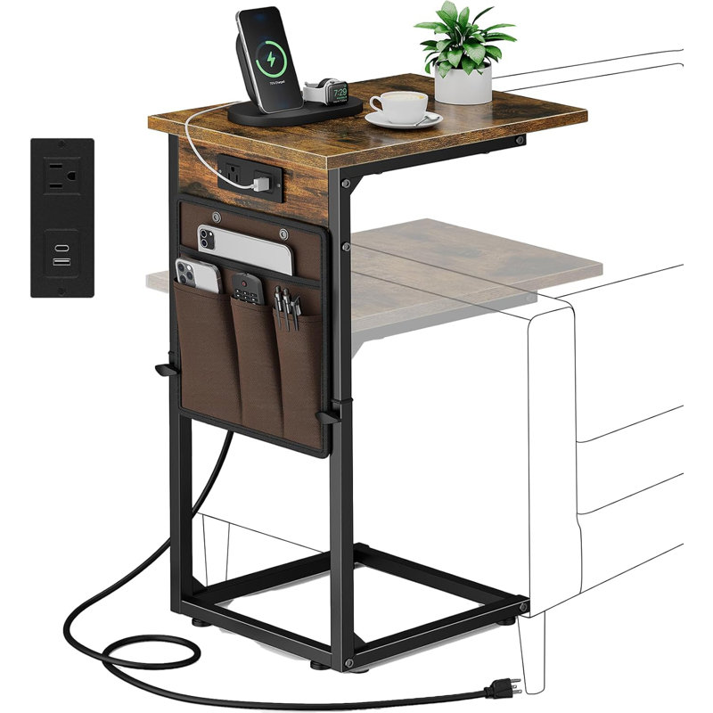 Table de bout en C avec station de charge, table d'appoint à hauteur réglable pour canapé, petite table de canapé