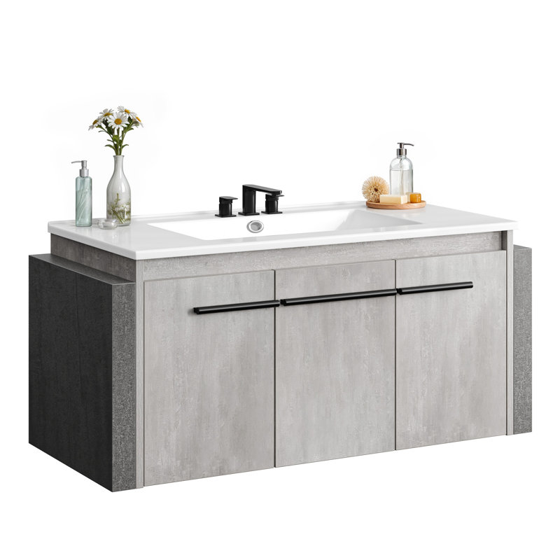 Floating Wall-Mount Bathroom Vanity with Integrated Ceramic Sink Countertop