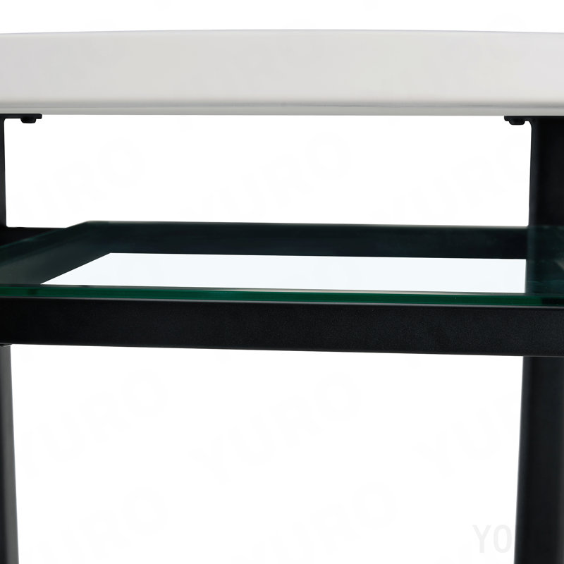 Table de salle à manger ronde 42 pouces blanche minimaliste moderne pouvant accueillir 4 à 6 personnes (incrustation de verre gris + support stable en métal, convient à plusieurs cas de figure).