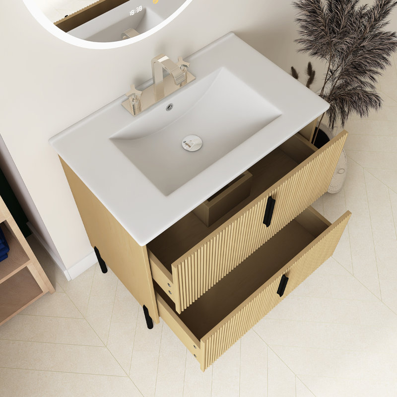 Meuble-lavabo 30 po avec lavabo en céramique et tiroirs pleine extension, Brun