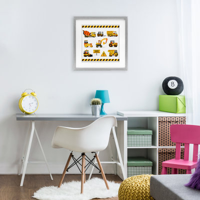 Construction Vehicles with Warning Framed Print Under Glass, design by Creative Studio