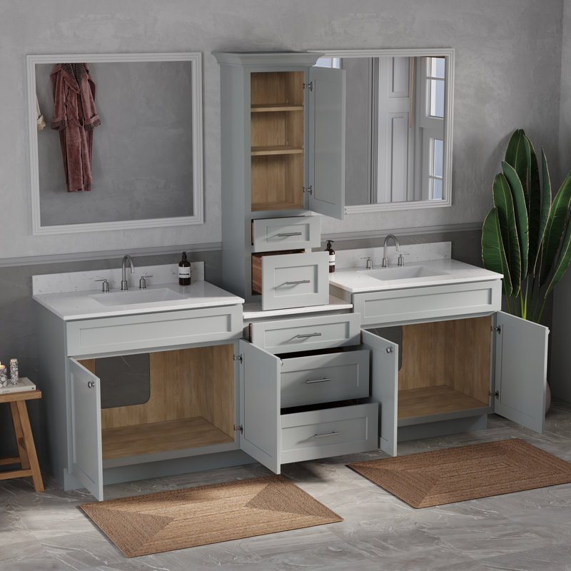 96'' Double Bathroom Vanity With Counter Top Tall Cabinet Shaker Dovetail Solid Wood Drawer Carrara Quartz Top, Gray